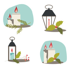 Burn candles and lanterns decorated with green branches of Christmas tree, mistletoe. Flat vector illustration isolated on white or color background. Set of beautiful compositions for xmas