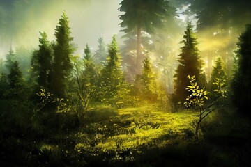 Fototapeta premium Fantasy fairy tale magical forest, sunny evening light through the branches of trees. Magical trees in a wooded area. Haze at sunset, plants, moss and grass in the forest.