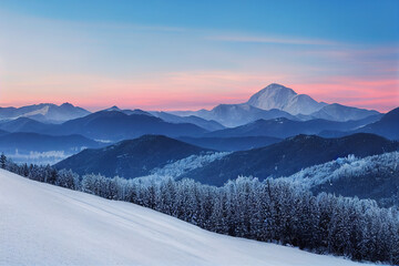 Sunrise in the mountainsMorning in the mountains. Winter landscape in the mountains. Mountains sunset. Beautiful North. Winter Landscape. Nature.