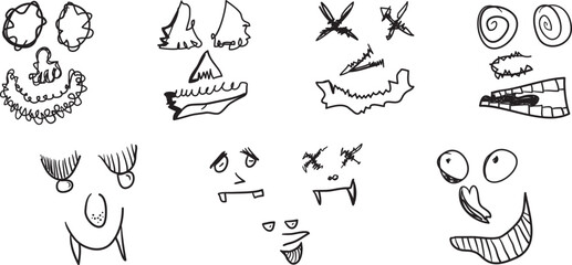 Cartoon set bundles emoticon creepy doodles hand drawn and symmetry style illustration vector for background, wallpaper, decoration, coloring book, print, illustration project, and many more.