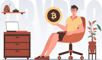 The concept of mining and extraction of bitcoin. The guy sits in a chair and holds a bitcoin coin in his hands. Character with a modern style.