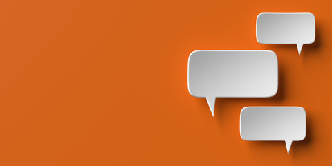 Social media notification icons, white speech bubbles on orange background copy space. 3D rendering