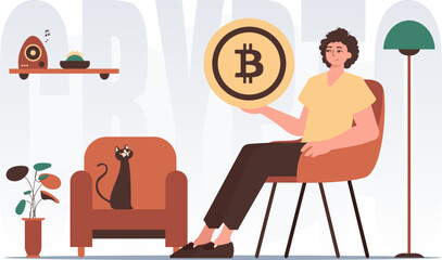 The concept of mining and extraction of bitcoin. The guy sits in a chair and holds a bitcoin in his hands. Character in modern trendy style.