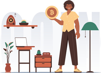 Cryptocurrency concept. A man holds a bitcoin in his hands. Character in modern trendy style.