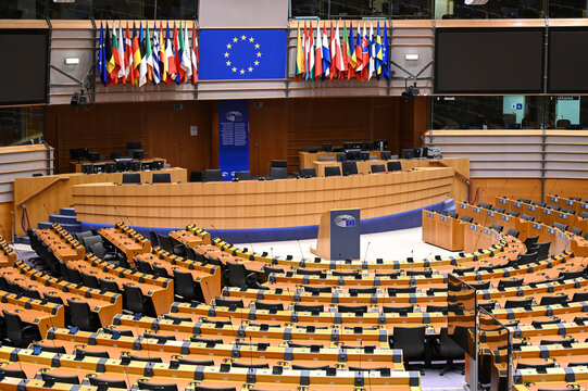 Brussels, Belgium: Plenary room in EU parliament. Assembly room of European Parliament. Institutions of European Union in Bruxelles. 