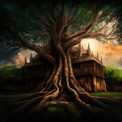 A huge banyan tree with a massive trunk and large roots.