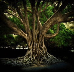 A huge banyan tree with a massive trunk and large roots.