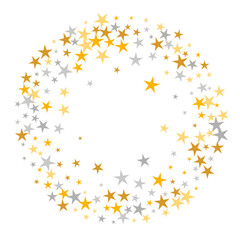Decorative silver and gold stardust scatter background. Many starburst spangles Noel decoration elements. Wedding star dust backdrop. Sparkle elements explosion.