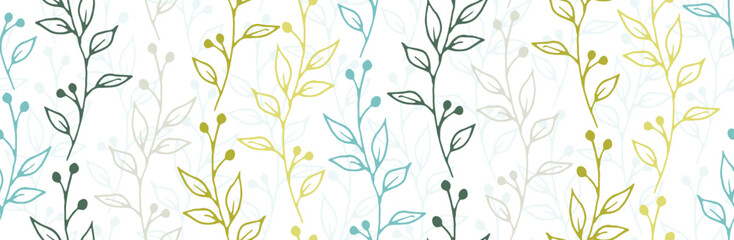 Berry bush sprigs organic vector seamless background. Creative herbal textile print. Meadow plants leaves and bloom wallpaper. Berry bush sprouts spring repeating pattern