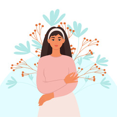 Woman hugs herself, concept of psychological health and self love. Vector illustration.