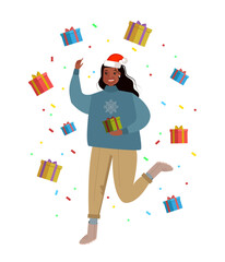 Happy  woman  with  Christmas presents. Beautiful element for your New Year design. Christmas eve, happy celebraite, office party, family dinner concept.