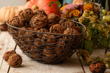 walnuts in a metal bowl