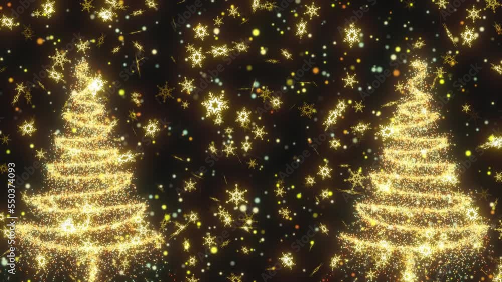 Poster golden snowflake and chrism's tree animation on black alpha background. snowflakes falling on black 