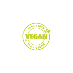 Vegan products sticker, label, badge with grunge effect. Logo template with green leaves for organic and vegan products. Vector illustration
