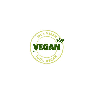 Vegan and natural products sticker, label, badge and logo with grunge texture. Logo template with green leaves for organic and vegan products. Vector illustration.