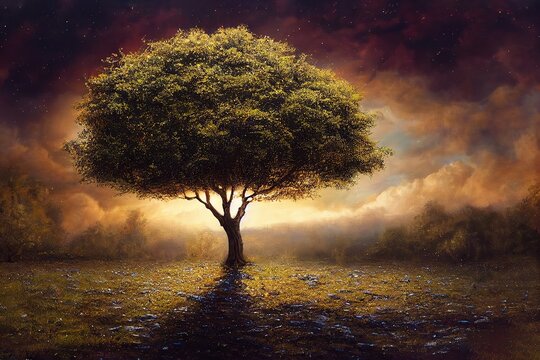 photorealistic painting of the appletree, luminous shimmering glimmering glowing, epic matte painting sky
