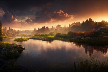river in a garden, sunset, epic cloud