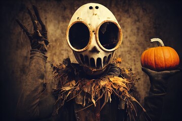 screaming decaying scarecrow with pumpkin in his hand