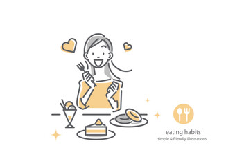 スイーツにはしゃぐ若い女性　シンプルでお洒落な線画イラスト