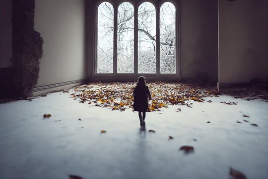 winter season sparkling snowing snow snowflakes and autumn leaves falling, girl walking through a mirror inside an abandoned castle