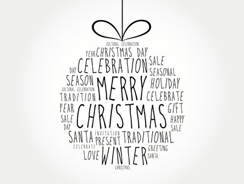 Merry Christmas ball word cloud, holidays lettering collage background