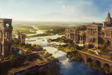 Fototapeta premium Sprawling towering Roman marble architecture fort-city, with waterfalls and reflecting pools