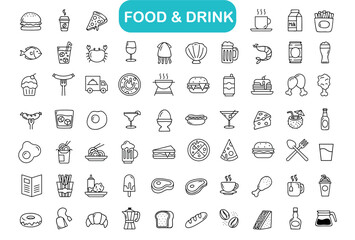 Food and drinks icon set. Seafood, pasta, soup, bread, egg, cake, sweets, fruits, vegetables, drinks, pizza, fish and more line icon. Lines with editable stroke