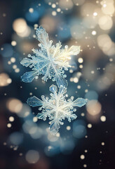 Two beautiful white snowflakes in the air on blue bokeh and background with snof, AI generated image