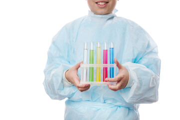 Details: tripod with test tubes with colorful chemical fluid substances and reagents in the hands...