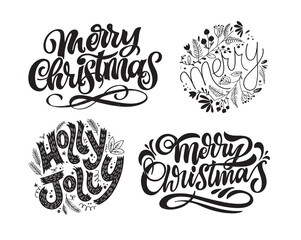 Fototapeta premium Happy winter holidays postcard. Seasons greetings. Merry Christmas and happy new year lettering. Holly jolly. Merry and bright.