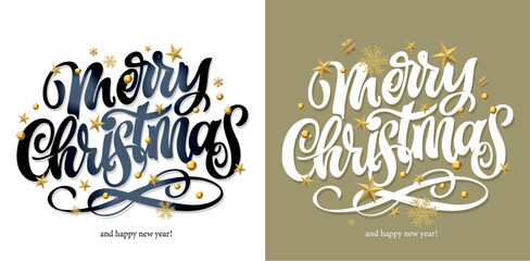 Happy winter holidays postcard. Seasons greetings.  Merry Christmas and happy new year lettering. Holly jolly. Merry and bright.