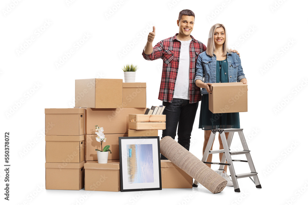 Sticker young couple packing for removal and showing thumbs up