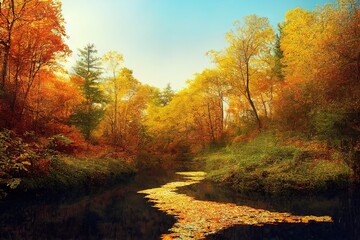 Fototapeta na wymiar tranquil leaf-strewn forest path in autumn with lake view