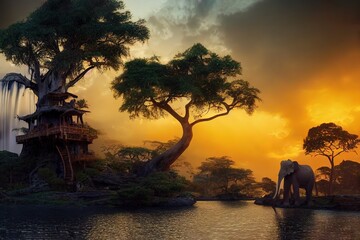 Fototapeta na wymiar treehouse, animals in the savannah, giraffe, elephant, monkey, with baobab tree, waterfall, sunset, treasures