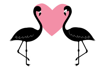 Flamingos silhouette and heart. Valentine's Day. Postcard. Wedding card.