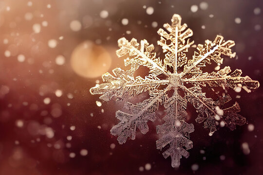 Beautiful white sunlit macro snowflake, sunset and snowfall background, AI generated image