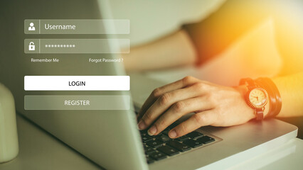 Login login online security password concept Hands typing and typing social media username and password, login to online bank account, data protection from hacker.