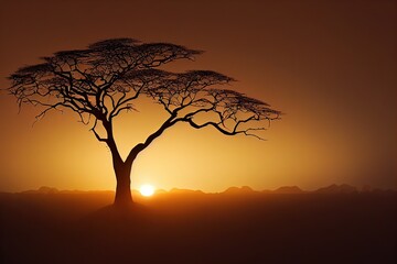view of african acacia tree silhouette sunset