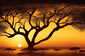 view of african acacia tree silhouette sunset