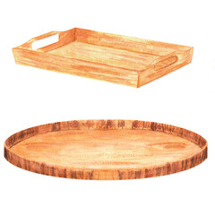 Two wooden trays for kitchen. Round and rectangular trays. Kitchen interior clipart. Hand-drawn watercolor illustration