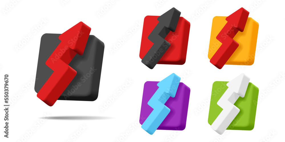 Aufkleber set of 3d icons of arrow pointing up on a square volume shape in different colors