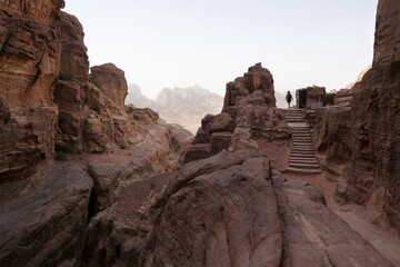 Amazing views on tourist trail to High Place of Sacrifice in ancient Nabataean city of Petra,...