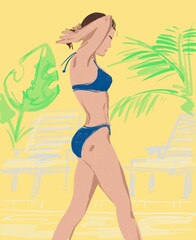 bright illustration of a slender sports girl in a bikini against the background of plants and deck chairs illustration 