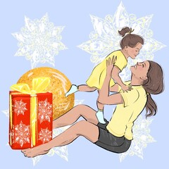 illustration happy joyful mom holding little daughter near gifts for print and gift 