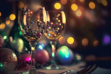 Weihngläser auf einem Tisch in weihnachtlicher Stimmung, Weihnachten Neujahrs-Toast, Illustration