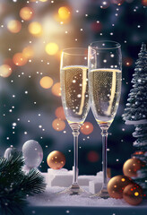 Sektgläser im Schnee in weihnachtlicher Dekoration und bunten Bokeh Hintergrund, Weihnachten Neujahrs-Toast, Illustration