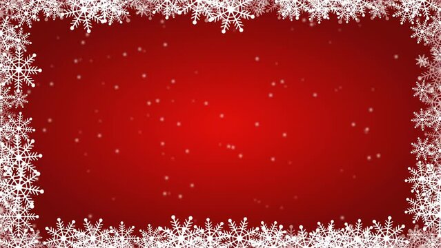 Christmas background with snow cristal moving frame on red background. text free background for christmas wishes.