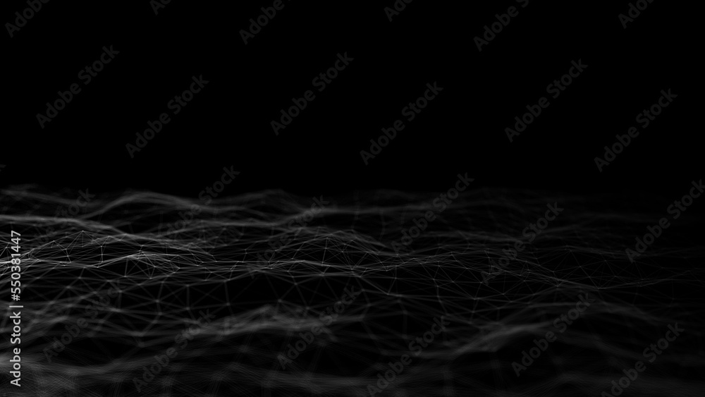 Poster Wave of digital particles on a black background. Abstract interlacing lines and points. Digital connection of elements. Simulation of the movement of small particles. 3D rendering.