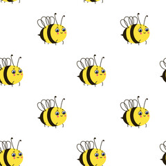 Pattern with cute cartoon bees on a white background.