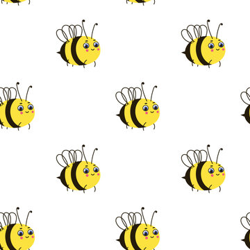 Pattern with cute cartoon bees on a white background.